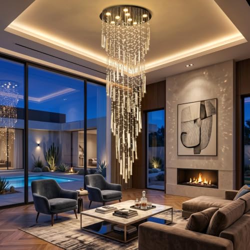 D24'' x H78'' Modern Crystal Chandelier High Ceiling Chandeliers for Entryway Glam Chandelier Large Raindrop Chandeliers LED Dimmable Light Fixtures for Staircaes Foyer Hallway Living Room Black (D24" x H78" Black)
