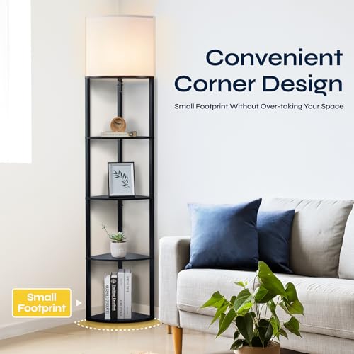 Corner Floor Lamp with Shelves (Black)