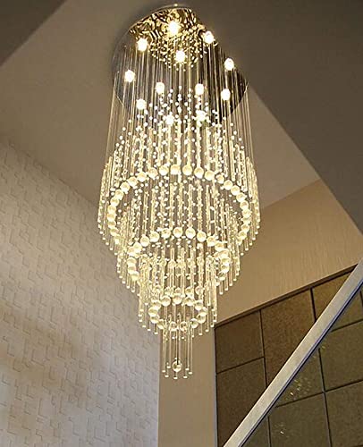 D32''X H100'' Large Crystal Chandelier for High Ceiling Suitable for Sloping Ceiling Modern LED Crystal Raindrop Chandeliers for Staircase Hallway Modern Round Crystal Chandelier (Silver / D32"X H100")