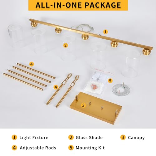Island Light for Kitchen (Brushed Gold / 5 Light + Clear Glass)