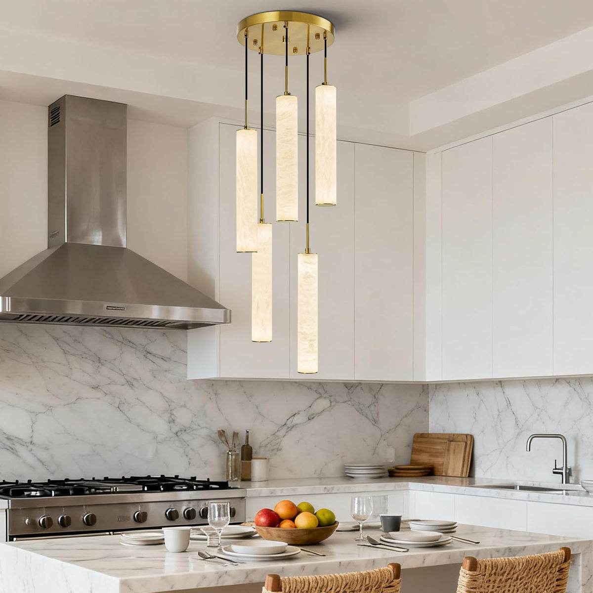Natural Alabaster Pendant Lights for Kitchen Island White Marble Long Tube Chandelier 4000K Modern Gold Ceiling Light Fixtures for Bedroom Dining Room Table Living Room Hallway (Gold-NeutralLight / 13.9in-5Light)