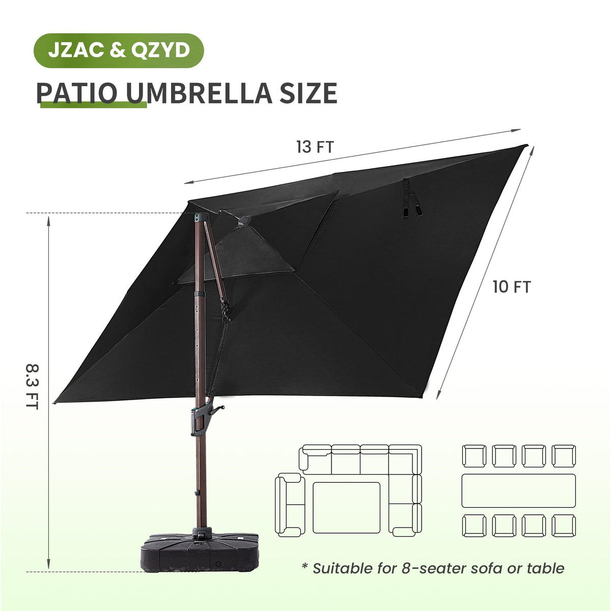 10x13 FT Cantilever Offset Patio Umbrella with Lights & Base (Black)