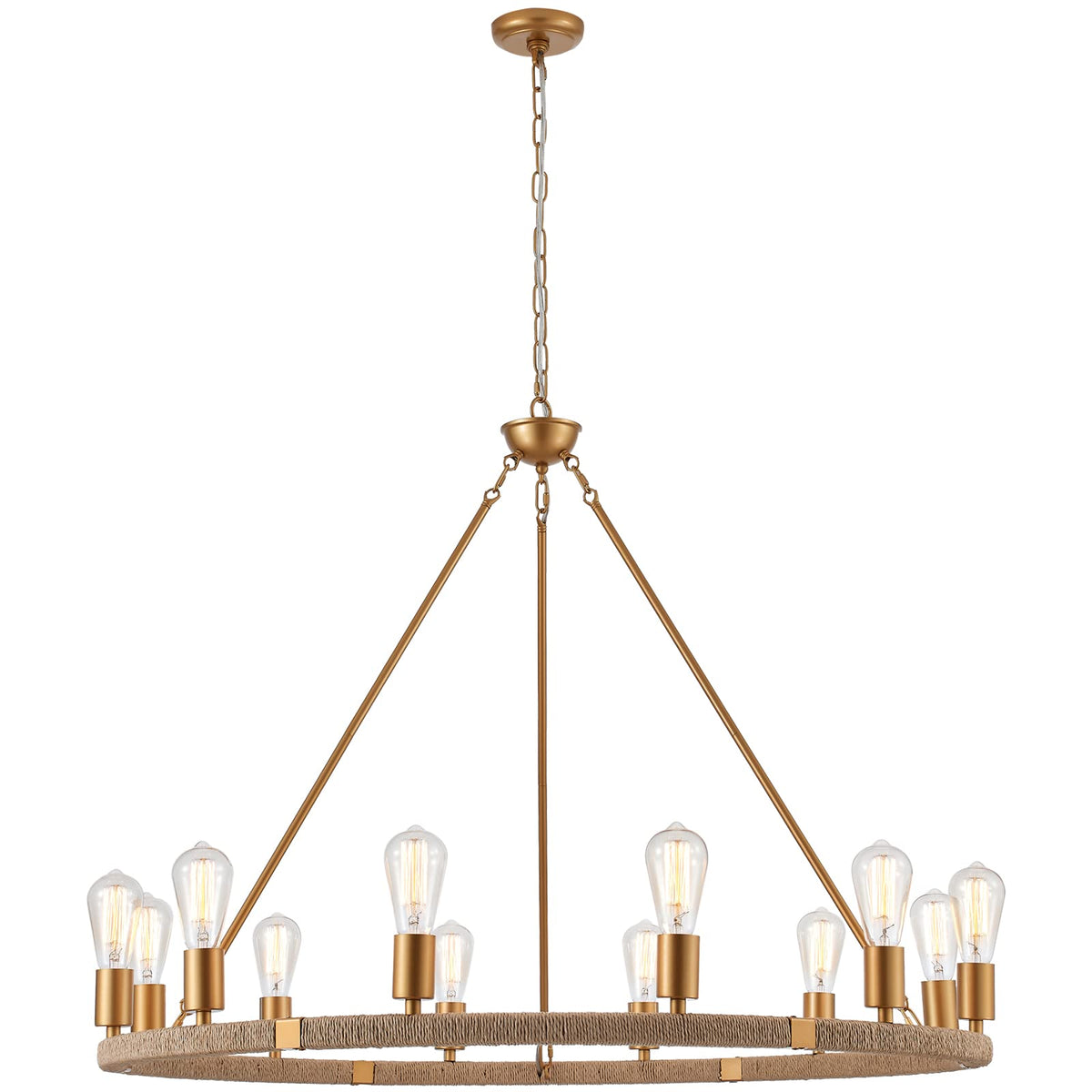 12 Lights Wagon Wheel Chandelier Bohemia Hand Woven Rattan Chandelier Farmhouse Large Pendant Light for High Ceilings Living Room Dining Room (Brass)