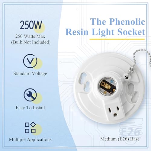 6 Pack Phenolic Resin Light Socket with Outlet and Pull Chain (Phenolic Resin)