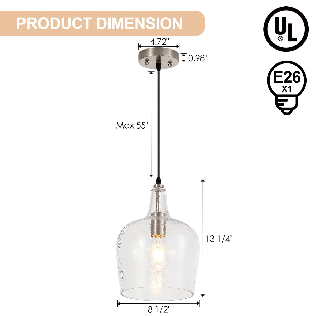 Large Hammered Glass Pendant Light Modern Brushed Nicklel 1 Light Single Dome Pendant Lighting Fixtures for Kitchen Island Dining Room Hallway (Brushed Nickel-Hammered)