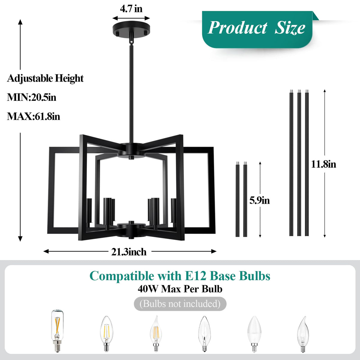 20" 62" Height Adjustable Black Kitchen Chandelier for Dining Room (Black / 6-Light)