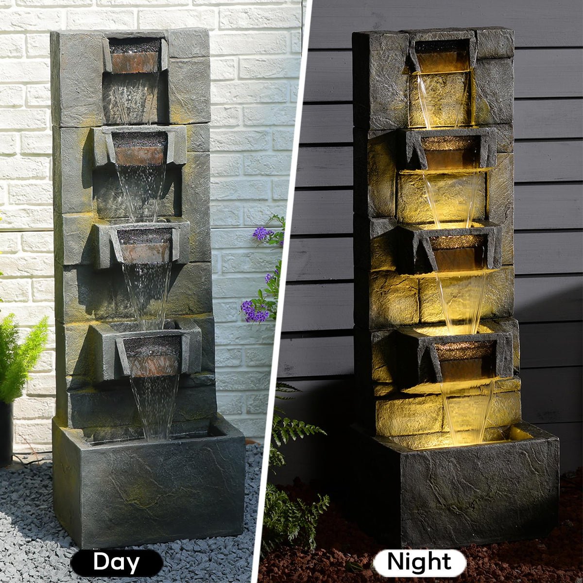 Outdoor Waterfall Fountain with LED Lights (Gray)