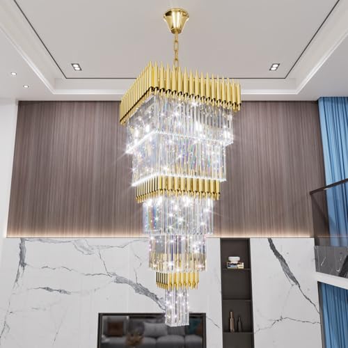 Modern Gold Crystal Staircase Chandelier Large Foyer Chandelier for High Ceiling Long Entryway Chandeliers Adjustable Chain for Hall Living Room Entrance W24 x H80 17 Lights (D24"XH80" Gold)