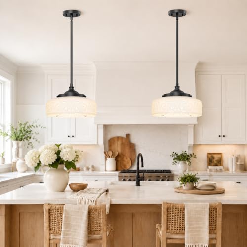 Vintage Pendant Light Over Sink Black Kitchen Island Pendant Light (Black+White Patterned Glass / 12in)