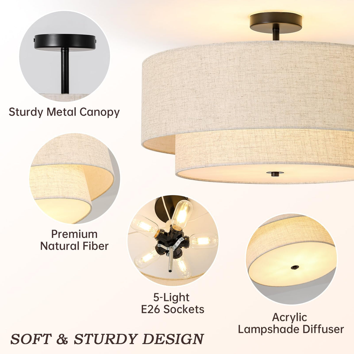 5 Light Semi Flush Mount Ceiling Light (Black / 23.6")