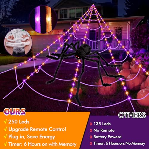 200" Halloween Decorations Spider Web Lights Outdoor +59" Fake Spider (Purple,Orange)