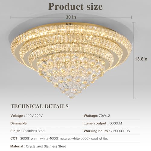 Large LED Crystal Raindrop Ceiling Light (Gold / 30 inches)