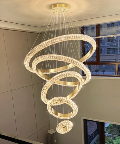 5 Ring Large Crystal Chandelier Modern LED Dimmable High Ceiling Chandelier Ring Contemporary Pendant Light Fixture for Living Room Foyer Staircase Gold D40'' (Gold / 5 Ring Round 40")