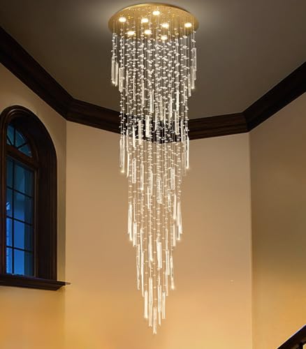 78'' Modern Crystal Chandelier High Ceiling Chandeliers for Entryway Large Raindrop Chandeliers LED Dimmable Flush Mount Light Fixtures for Staircaes Foyer Hallway Living Room LED Bulbs Included Gold (D24'' x H78'' Gold)