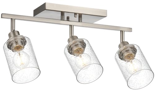 3 Light Brushed Nickel Kitchen Track Lighting Fixtures Ceiling Mount Track Lighting Kit with Bubble Seeded Glass Shade Modern Bathroom Tracking Vanity Lights Ceiling Tracking Accent Shop Light (Brushed Nickel / 3-Light)