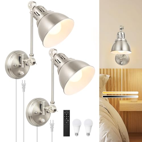 2 Pack Plug in Wall Sconces with Remote Control (Brushed Nickel-2 PACK(Bulbs+Remote))