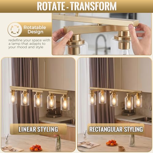 5 Light Brushed Gold Linear Chandelier (Gold+Clear Glass / 5 Light)