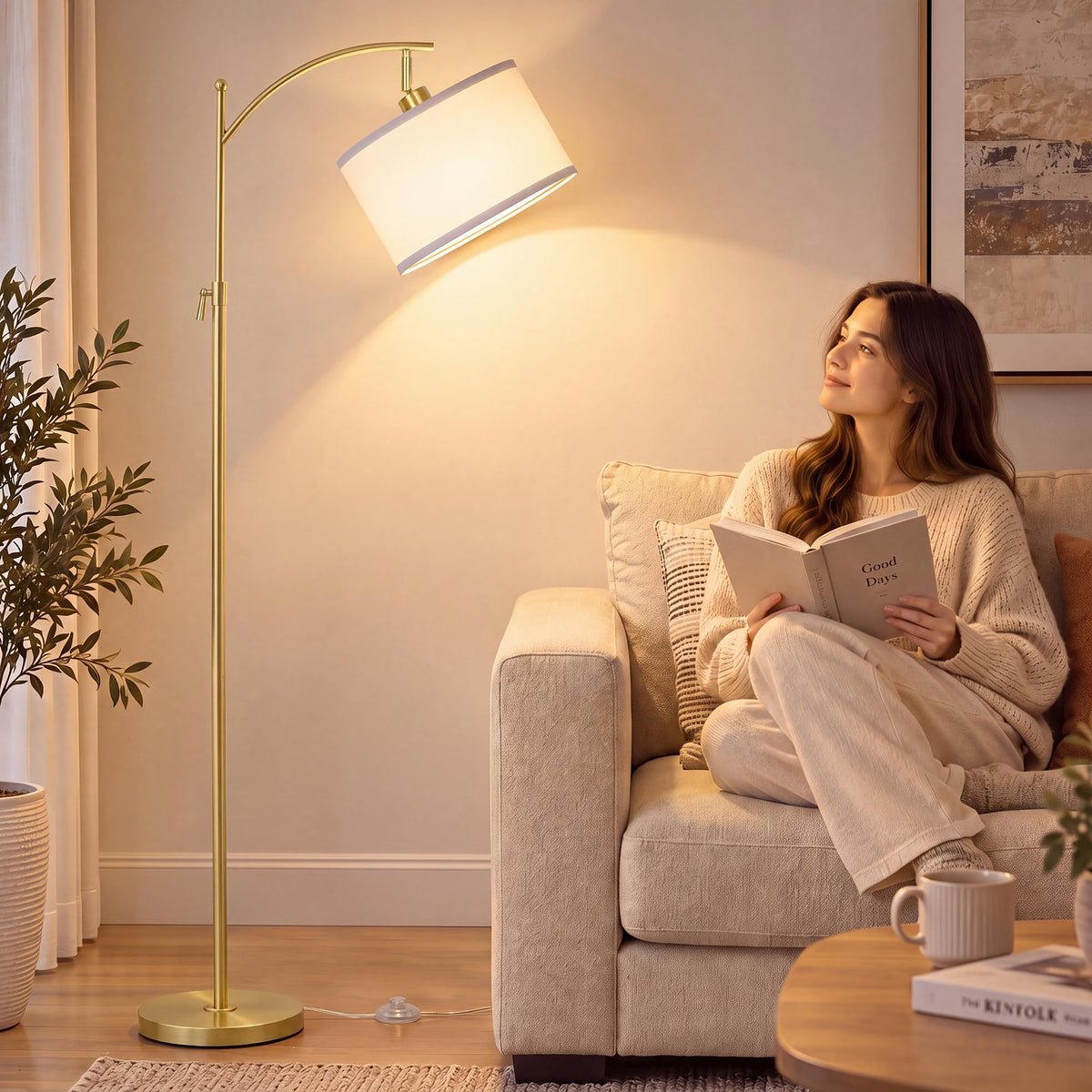 Upgraded Gold Arc Floor Lamp Adjustable Height 55 (Gold+White Shade-Arc)