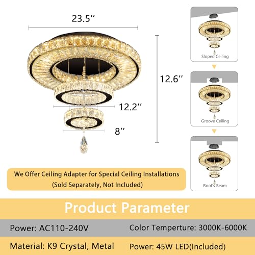 Modern Chandelier for Living Room Light Indoor LED Dimmable Lights Ceiling Chandeliers for Dining Room Bedroom Entryway Black 45W LEDs Fixtures 3600 Lumens (Black / W24")