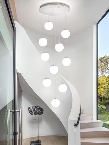 LED Staircase Chandelier Glass Globe Pendant Light Chrome Large Chandeliers for High Ceiling (Silver-White / Globe 10-Light)
