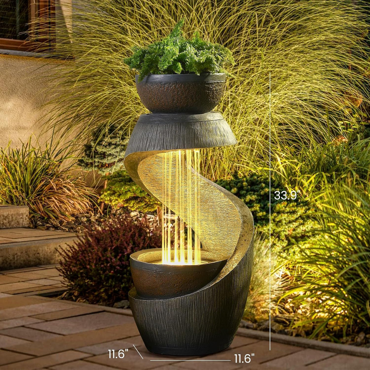 Modern S Shaped Garden Outdoor Water Fountain with LED Lights Gray (31.9H-G)