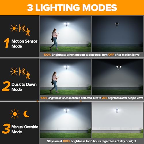 34W 3700 Lumen LED Security Light Motion Sensor Outdoor Lights with Night Light (Black / 1 Pcs)