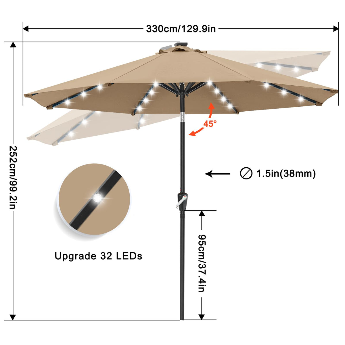 Solar Led Patio Umbrella with 32 Lights 11FT (LED Umbrella / 11ft / khaki)