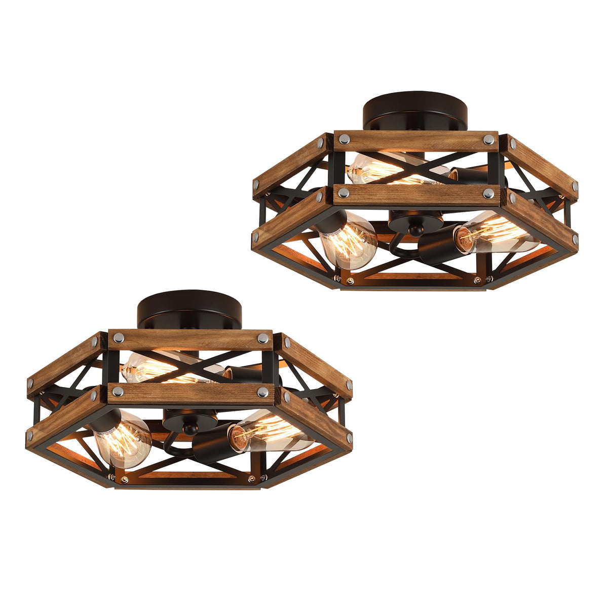 2 Pack 3 Light Rustic Farmhouse Wood Flush Mount Ceiling Light Fixture Oak Wood and Metal Cage Semi Flush Mount Ceiling Light for Hallway Hall Entry Bedroom Kitchen Farmhouse (Oak and black 2 pack)