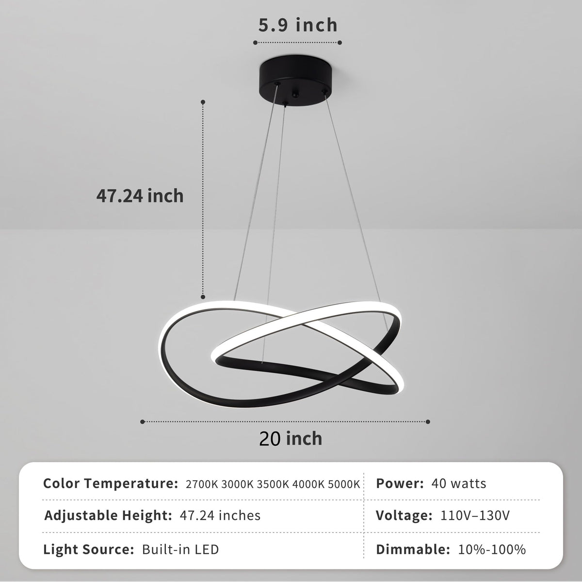 Modern LED Chandelier for Dining Room Pendant Light Fixture 40W (Black-20 Inches)
