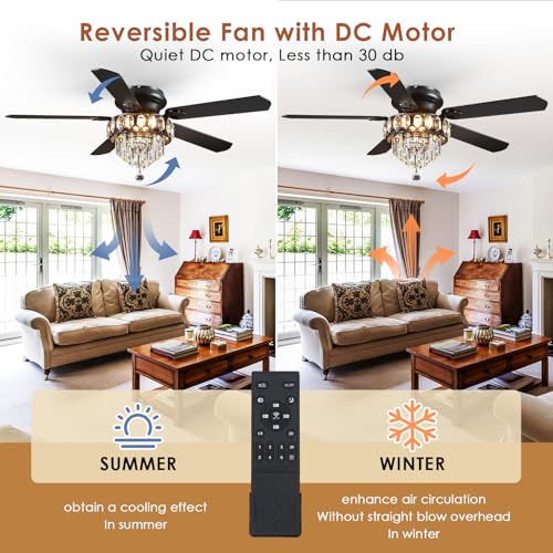 52" Low Profile Crystal Ceiling Fans with LED Lights and Remote (Black-52IN-8337)