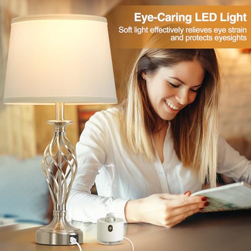 Table Lamp for Bedroom Set of 2 with USB C+A Ports (Silver Base + White Lampshade)