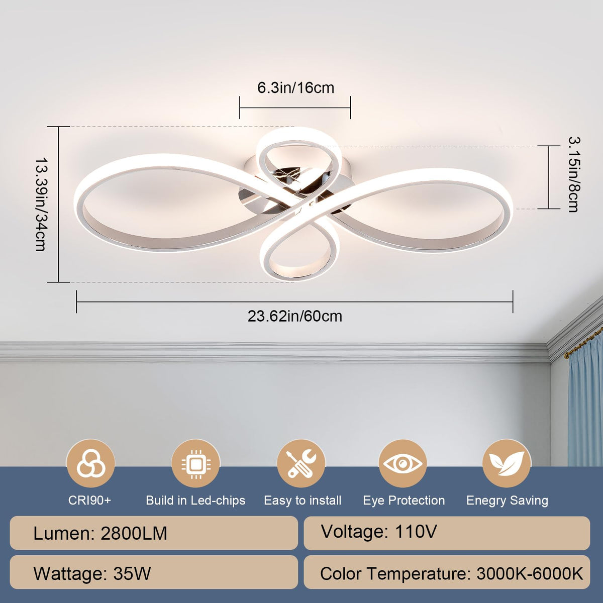 Modern LED Ceiling Light (Chrome,23.62Inch)