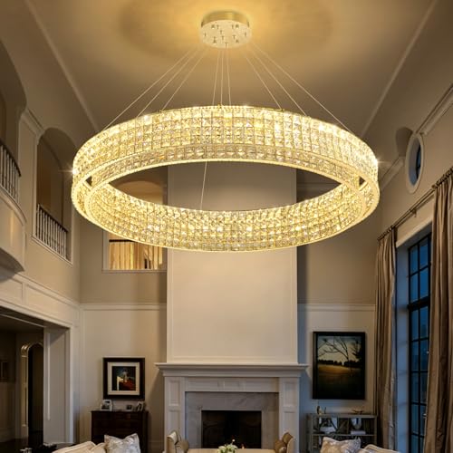 W47 Modern Chandeliers for Living Room LED Dimmable Pendant Lighting High Ceiling Chandelier for Dining Room Foyer Hallway Crystal Rectangle Light Fixtures Gold (Gold / Round 47")
