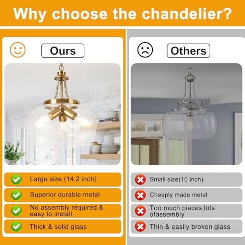 Modern Pendant Lights Kitchen Island (3-Light-Brushed Gold-Clear Glass-14.2"(Easy To Install))