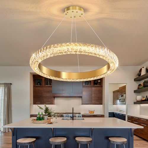 24" Ring Modern LED Dimmable Crystal Chandelier Adjustable Height Pendant Light Round Crystal Chandelier Light Fixtures for Dining Room Living Room Kitchen Island Gold (Gold / 1 Ring Round 24")