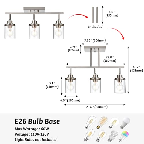 Track Lighting Fixtures 3 Light Directional Ceiling Lights with Adjustable Track Heads (Brushed Nickel / 3-Light)