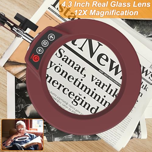 12X Large Magnifying Glass with Light and Clamp (Red / 12X 32inch Clamp)