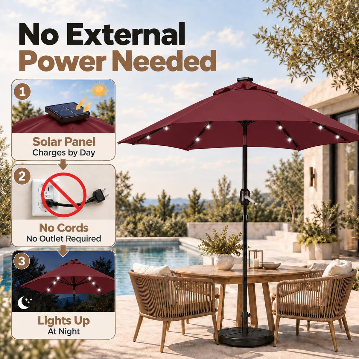 9FT Solar Patio Umbrella w (Burgundy / 9FT)
