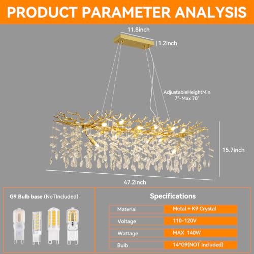 Modern Crystal Tree Branches Chandelier (Gold / Rectangular 47.5")