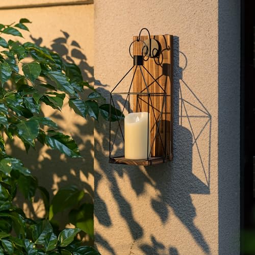 Wood Wall Candle Sconce with Black Lantern (Brown)
