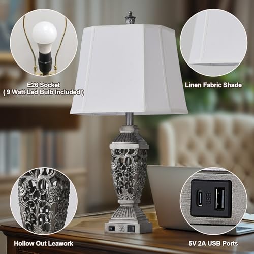 27.5" Touch Control Traditional Table Lamp Set of 2 with USB A+C (Antique Silver-7 / 27.5")