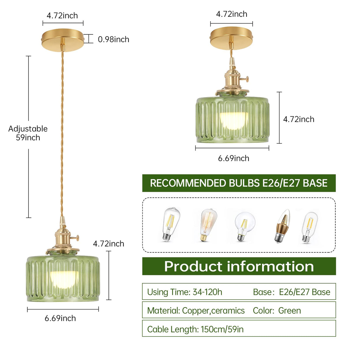 Battery Operated Pendant Light 5000mAh Rechargeable Chandelier with Remote Control Wireless Adjustable Hanging Green Striped Light for Kitchen Island Dining Room Hallway (Z-Striped Green new)