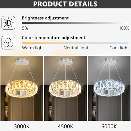 8" Ring Modern LED Dimmable Crystal Chandelier Adjustable Height Pendant Light Round Crystal Chandelier Light Fixtures for Dining Room Living Room Kitchen Island Silver (Silver / 1 Ring Round 8")