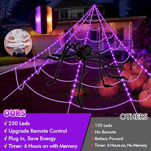 200" Halloween Decorations Spider Web Lights Outdoor +59" Fake Spider (Purple)