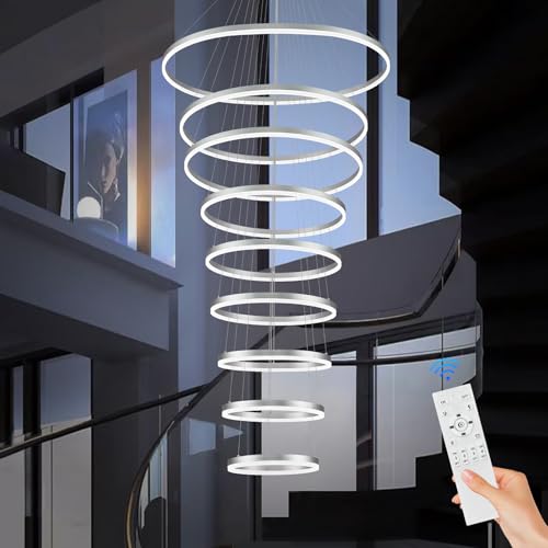 9 Rings D39.4in Modern LED Chandelier Silver Dimmable High Ceiling Foyer Chandeliers Entryway with Remote Control for Staircase Entryway Living Room Foyer (Silver / 9 Rings 39.4in)