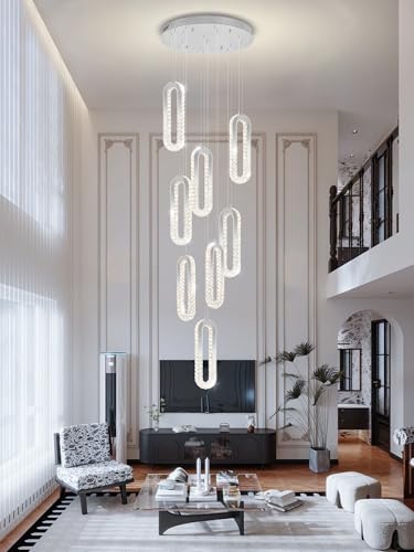 Modern Crystal Chandelier Adjustable 8 Rings Chandelier for Foyer Stairwell Crystal High Ceiling Pendant Light Dimmable 2700K (Silver / 8 Rings (New))