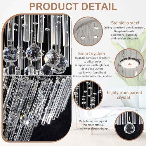 40''X90 Large Crystal Chandelier for High Ceiling Modern Crystal Raindrop Chandeliers Lighting Round Ceiling Light Entryway Staircase Foyer Villa LED Dimmable 2700 (Silver / D40"X H90")
