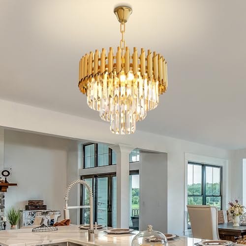 Modern Gold Crystal Chandelier 16" Round Chandeliers for Dining Room 3 Tiers Ceiling Pendant Light Fixtures Adjustable Hanging Chandeliers for Living Room Foyer Bedroom Kitchen (D15.5"XH13.3" Gold)