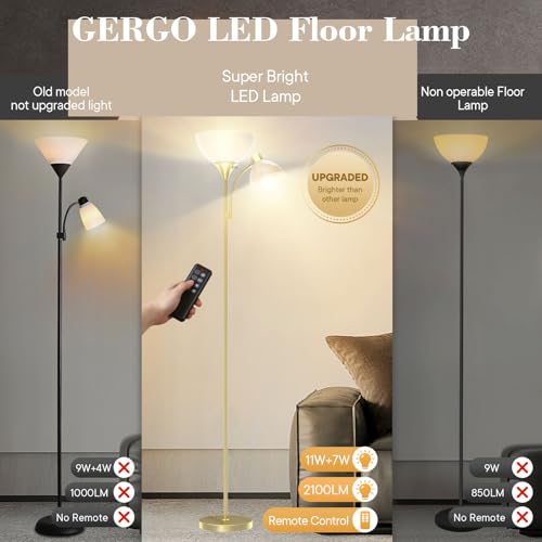 Torchiere Floor Lamp with Remote Control and Adjustable Reading Light (Golden)