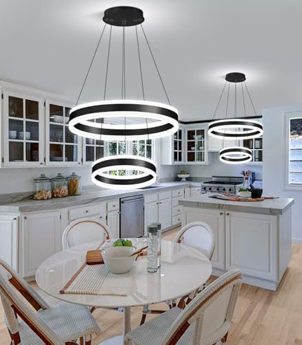 D7.8''+15.7'' Modern Ring Chandelier for Dining Room LED Dimmable Pendant Lighting for Living Room Foyer Bedroom Entryway 3000K (1044-Black / 2 Rings-15.7'')